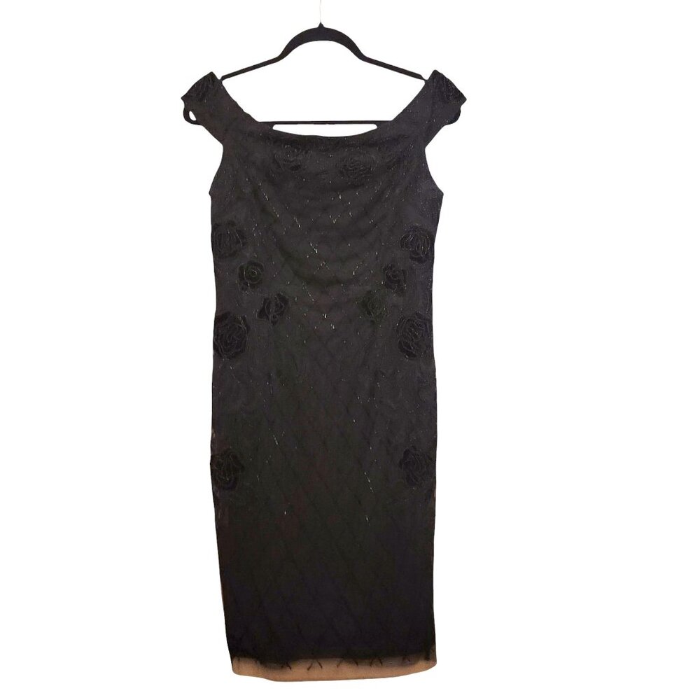 Adrianna Papell Black Off The Shoulder Beaded Floral Evening Dress Size 6